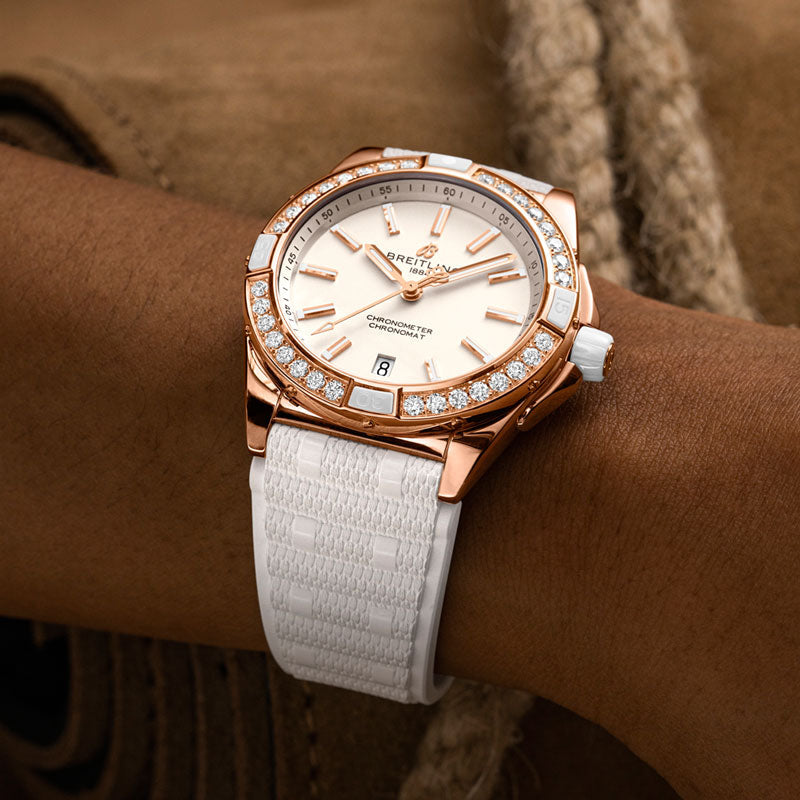 Breitling Super Chronomat Automatic 38 Origins Diamonds White Dial White Rubber Strap Watch for Women - R17356531G1S1