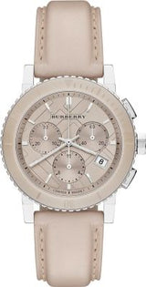 Shop Burberry The City Chronograph Rose Gold Dial Beige Leather Strap Watch For Women - BU9702 in USA