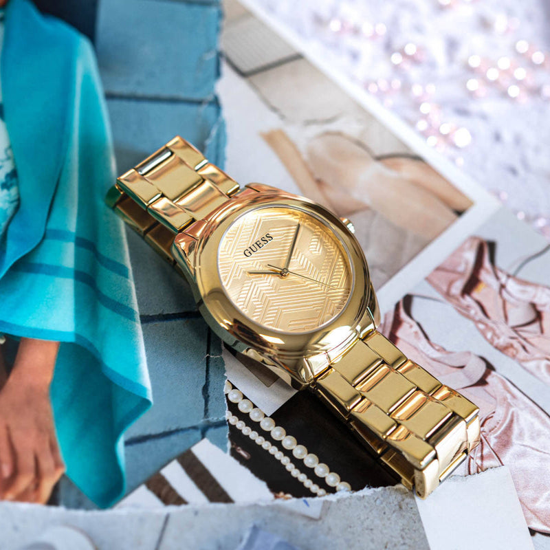 Shop Guess Cubed Analog Gold Dial Gold Steel Strap Watch For Women - GW0606L2 in USA