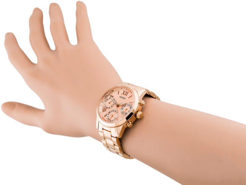 Guess Mini Sunrise Chronograph Quartz Rose Gold Dial Rose Gold Steel Strap Watch For Women - W0448L3 Buy Now By Guess