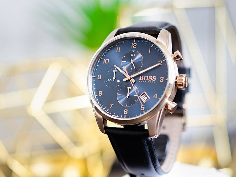 Hugo Boss Skymaster Chronograph Blue Dial Black Leather Strap Watch for Men - 1513783 Buy Now By Hugo Boss