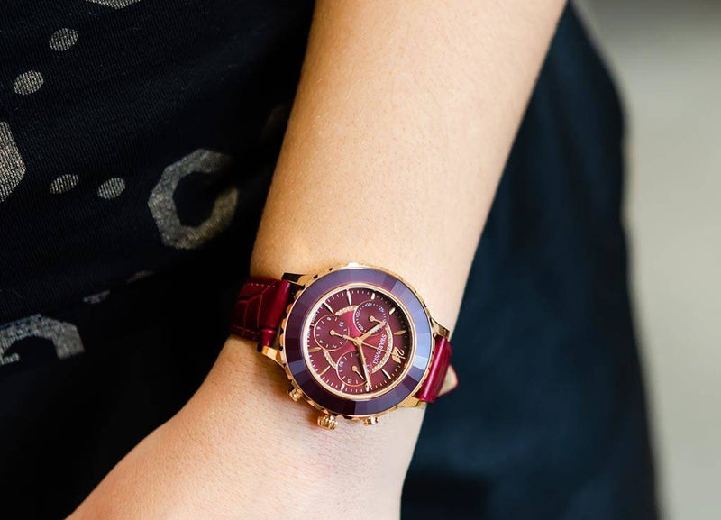 Shop Swarovski Octea Lux Chrono Red Dial Red Leather Strap Watch for Women - 5547642 in USA