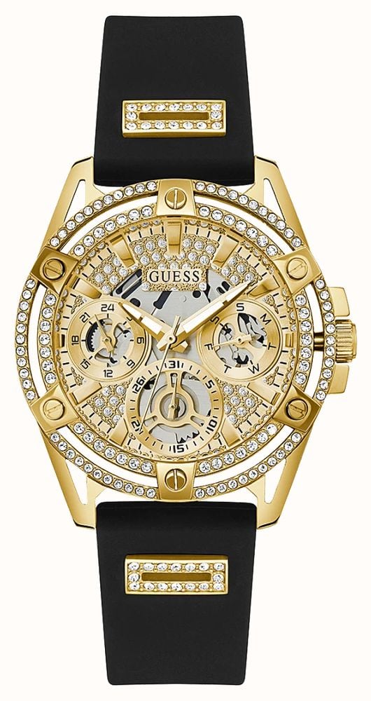 Shop Guess Queen Quartz Gold Dial Black Silicone Strap Watch For Women - GW0536L3 in USA