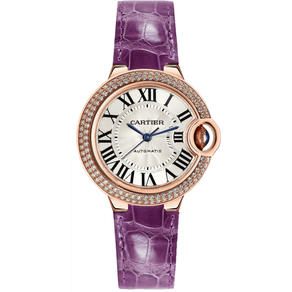 Cartier Ballon Blue De Cartier Diamonds Silver Dial Purple Leather Strap Watch for Women - WJBB0051