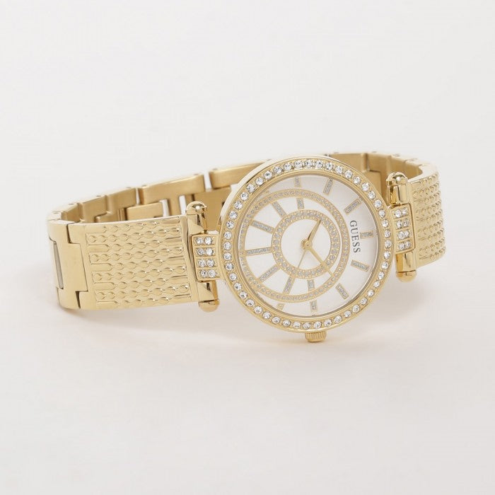 Guess Muse Crystals White Dial Rose Gold Steel Strap Watch For Women - W1008L2