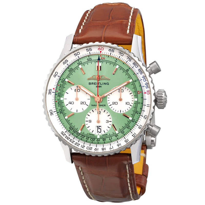 Shop Breitling Navitimer B01 Chronograph 41 Green Dial Brown Leather Strap Watch for Men - AB0139211L1P1 in USA