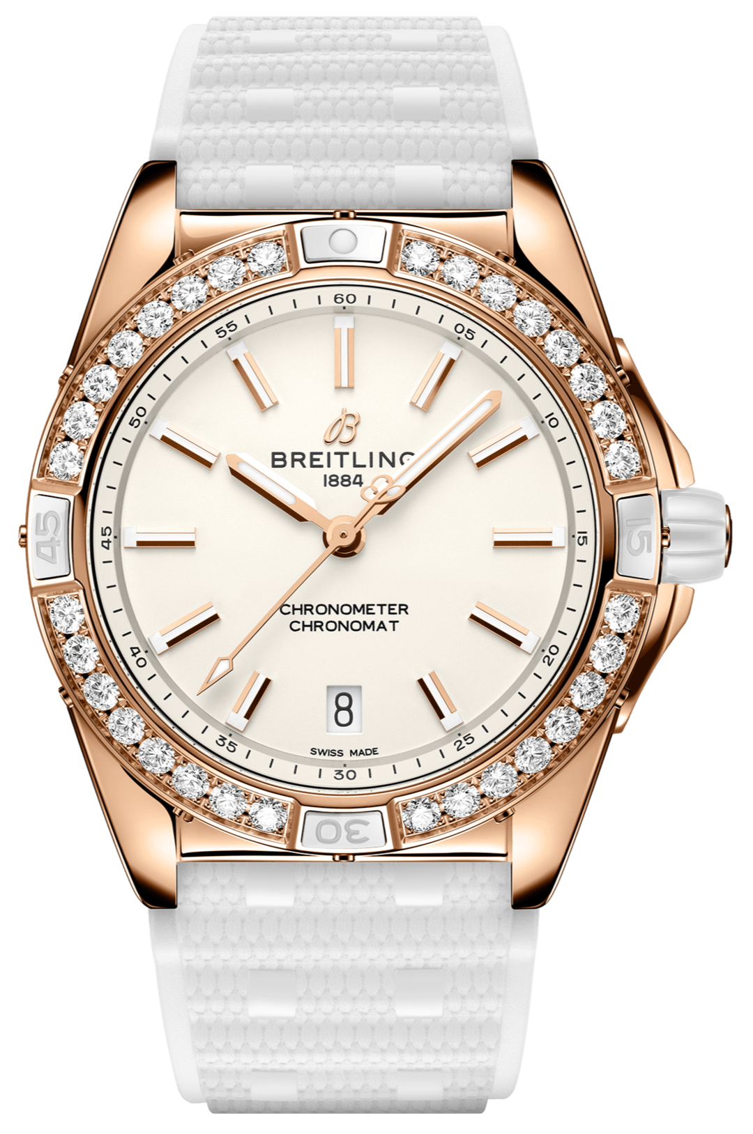 Breitling Super Chronomat Automatic 38 Origins Diamonds White Dial White Rubber Strap Watch for Women - R17356531G1S1