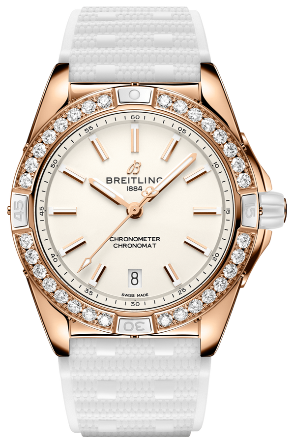 Breitling Super Chronomat Automatic 38 Origins Diamonds White Dial White Rubber Strap Watch for Women - R17356531G1S1