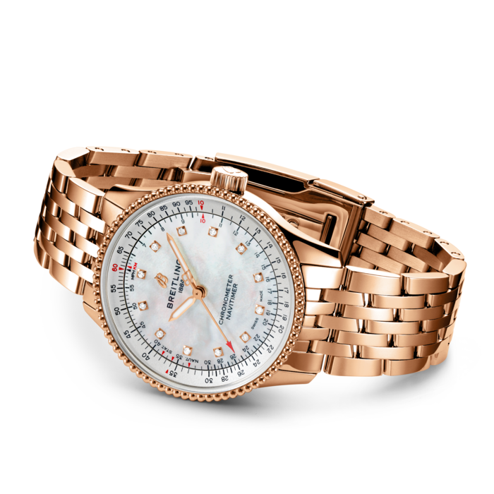 Breitling Navitimer Automatic 35 White Mother of Pearl Dial Rose Gold Steel Strap Watch for Men - R17395211A1R1
