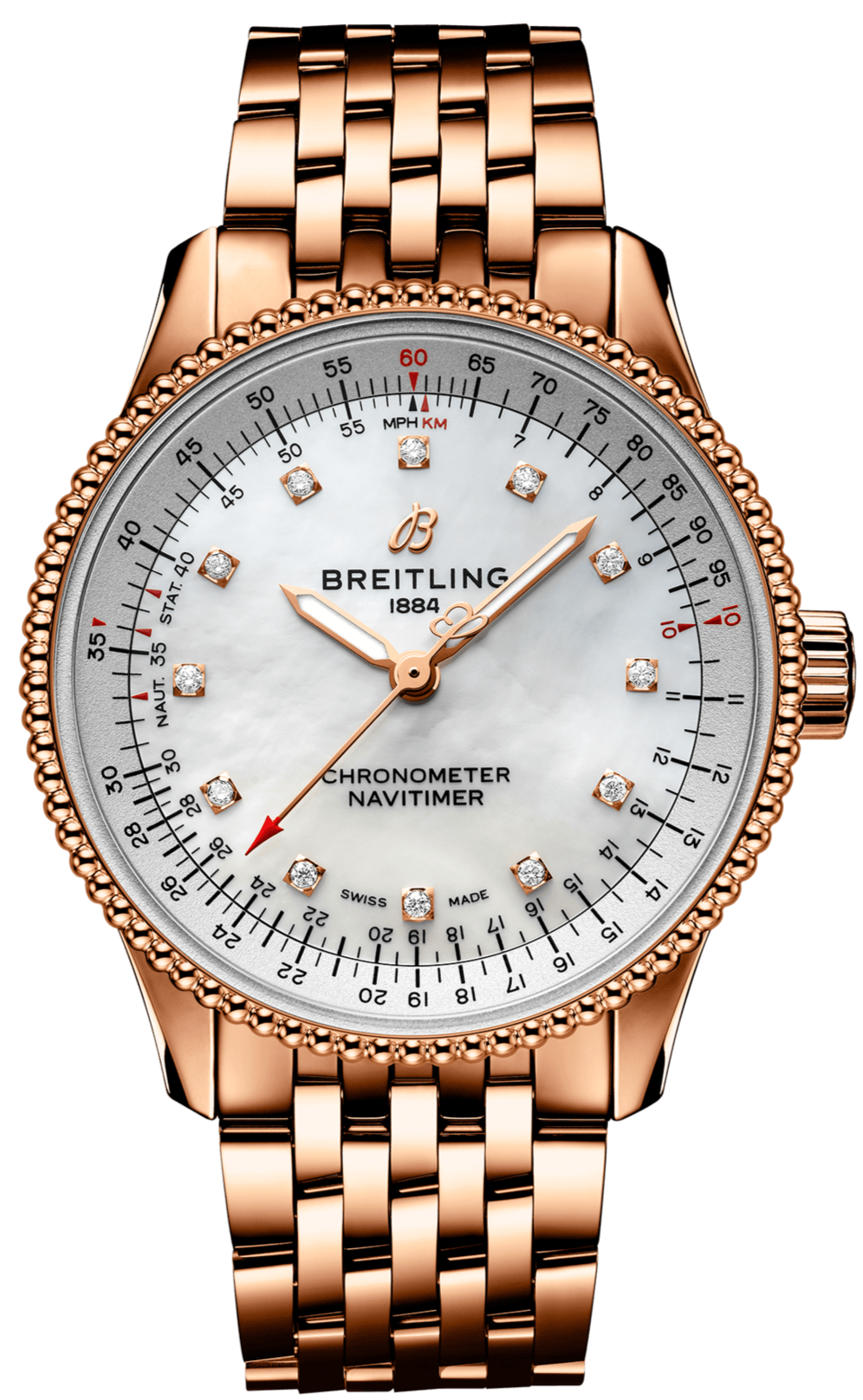 Breitling Navitimer Automatic 35 White Mother of Pearl Dial Rose Gold Steel Strap Watch for Men - R17395211A1R1