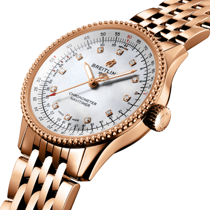 Breitling Navitimer Automatic 35 White Mother of Pearl Dial Rose Gold Steel Strap Watch for Men - R17395211A1R1