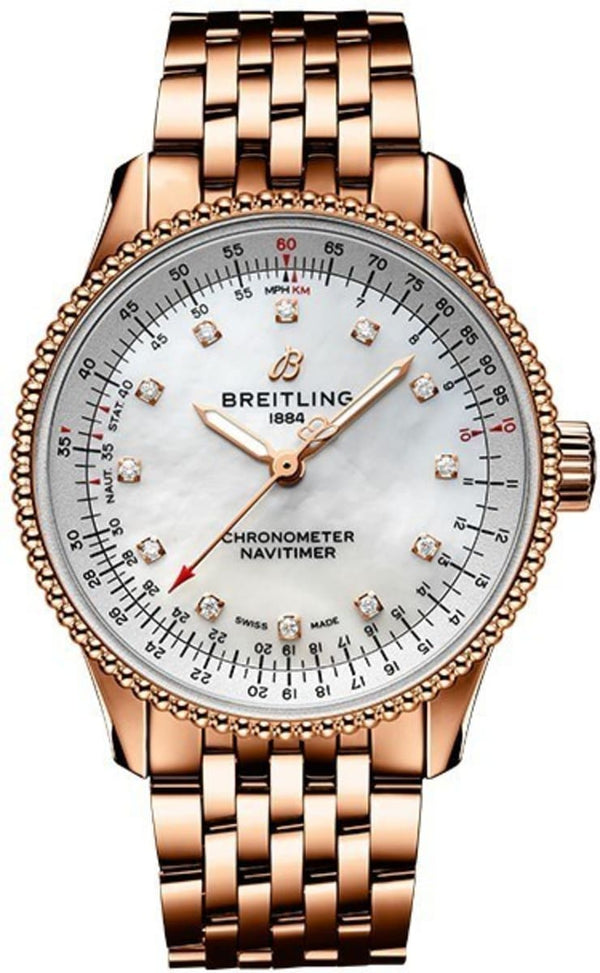 Breitling Navitimer Automatic 35 White Mother of Pearl Dial Rose Gold Steel Strap Watch for Men - R17395211A1R1