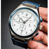 Maserati Triconic Chronograph White Dial Blue Leather Strap Watch For Men - R8871639001
