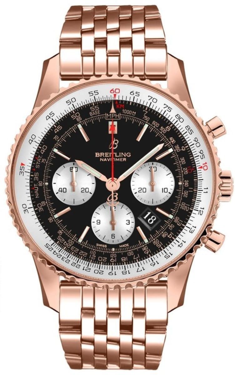 Shop Breitling Navitimer B01 Chronograph 43 Black Dial Rose Gold Steel Strap Watch for Men - RB0138211B1R1 in USA
