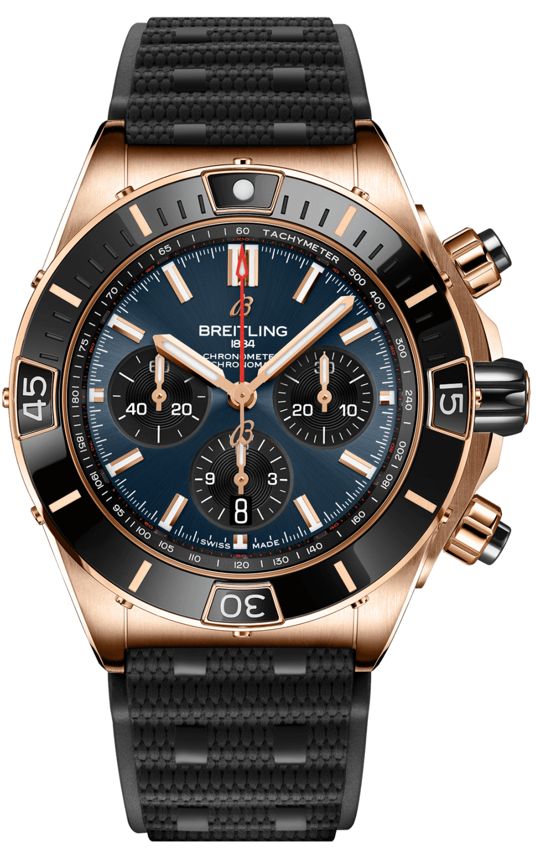 Breitling Chronomat B01 44 18K Red Gold Blue Dial Black Rubber Strap Watch for Men - RB01362A1C1S1