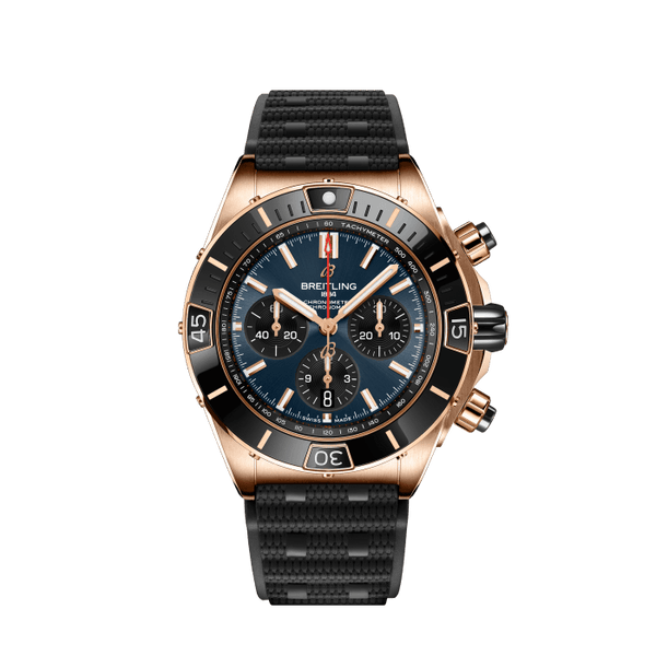 Breitling Chronomat B01 44 18K Red Gold Blue Dial Black Rubber Strap Watch for Men - RB01362A1C1S1