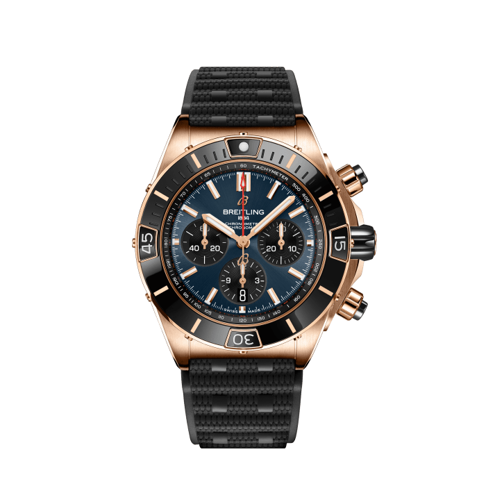 Breitling Chronomat B01 44 18K Red Gold Blue Dial Black Rubber Strap Watch for Men - RB01362A1C1S1