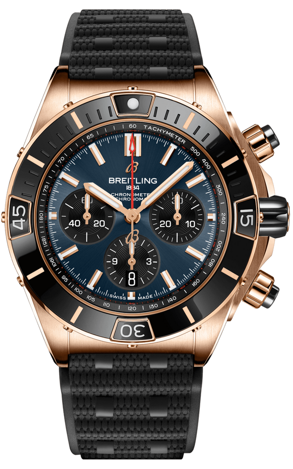 Breitling Chronomat B01 44 18K Red Gold Blue Dial Black Rubber Strap Watch for Men - RB01362A1C1S1