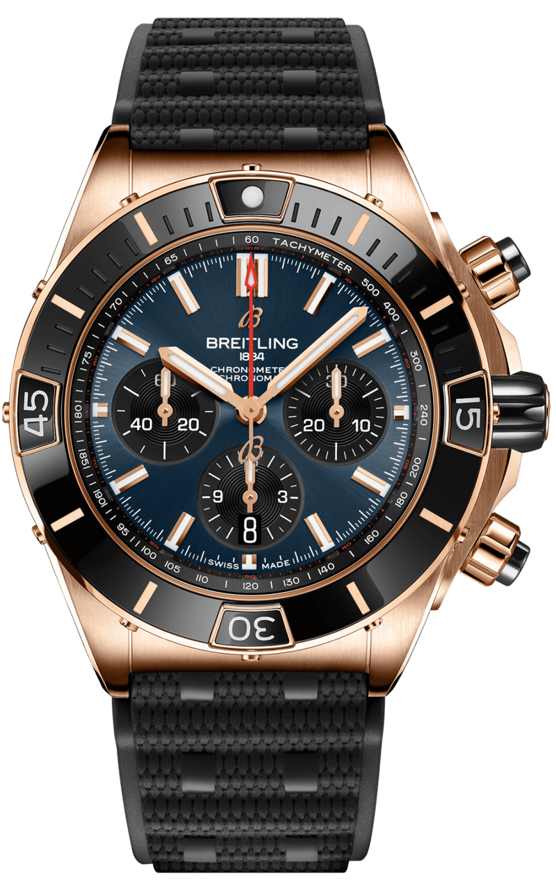 Breitling Chronomat B01 44 18K Red Gold Blue Dial Black Rubber Strap Watch for Men - RB01362A1C1S1