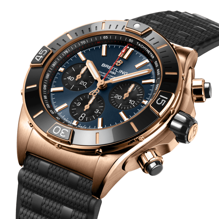 Breitling Chronomat B01 44 18K Red Gold Blue Dial Black Rubber Strap Watch for Men - RB01362A1C1S1