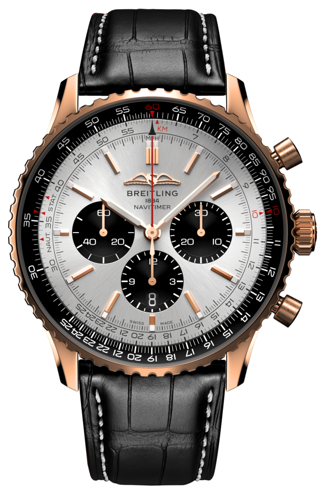 Breitling Navitimer B01 Chronograph 46 Silver Dial Black Leather Strap Watch for Men - RB0137241G1P1