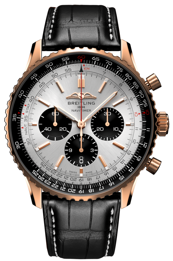 Breitling Navitimer B01 Chronograph 46 Silver Dial Black Leather Strap Watch for Men - RB0137241G1P1