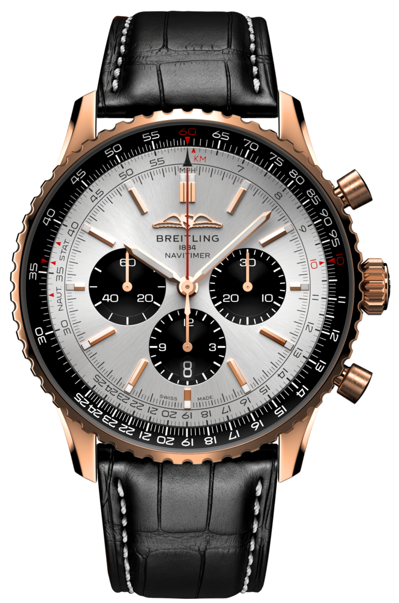 Shop Breitling Navitimer B01 Chronograph 46 Silver Dial Black Leather Strap Watch for Men - RB0137241G1P1 in USA