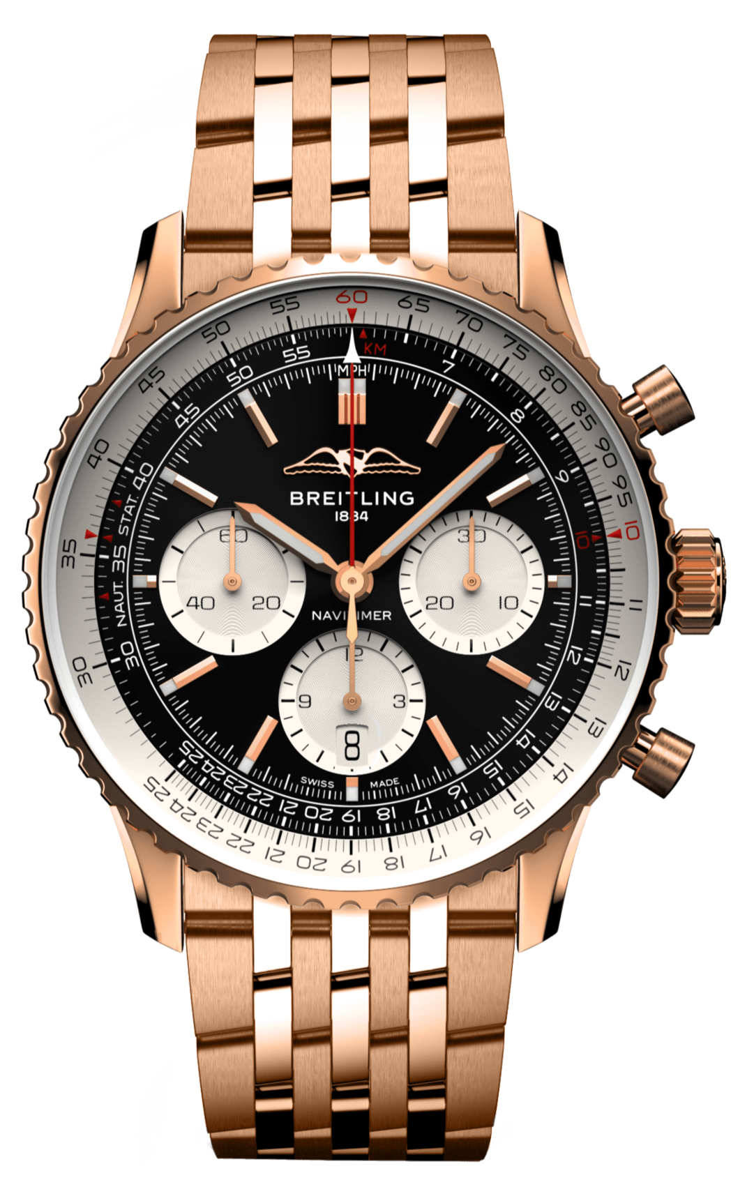 Breitling Navitimer B01 Chronograph 43 Black Dial Rose Gold Steel Strap Watch for Men - RB0138211B1R1