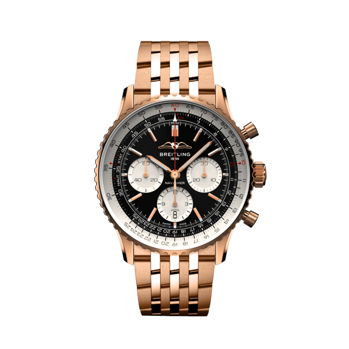 Shop Breitling Navitimer B01 Chronograph 43 Black Dial Rose Gold Steel Strap Watch for Men - RB0138211B1R1 in USA