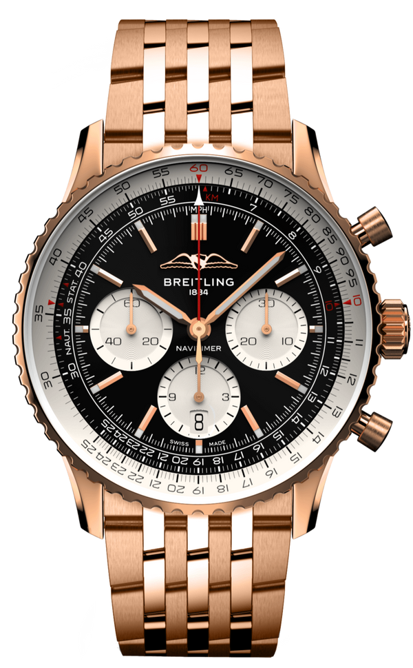 Breitling Navitimer B01 Chronograph 43 Black Dial Rose Gold Steel Strap Watch for Men - RB0138211B1R1