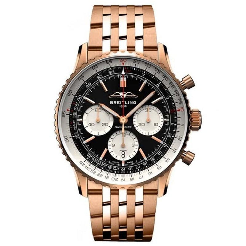 Shop Breitling Navitimer B01 Chronograph 43 Black Dial Rose Gold Steel Strap Watch for Men - RB0138211B1R1 in USA