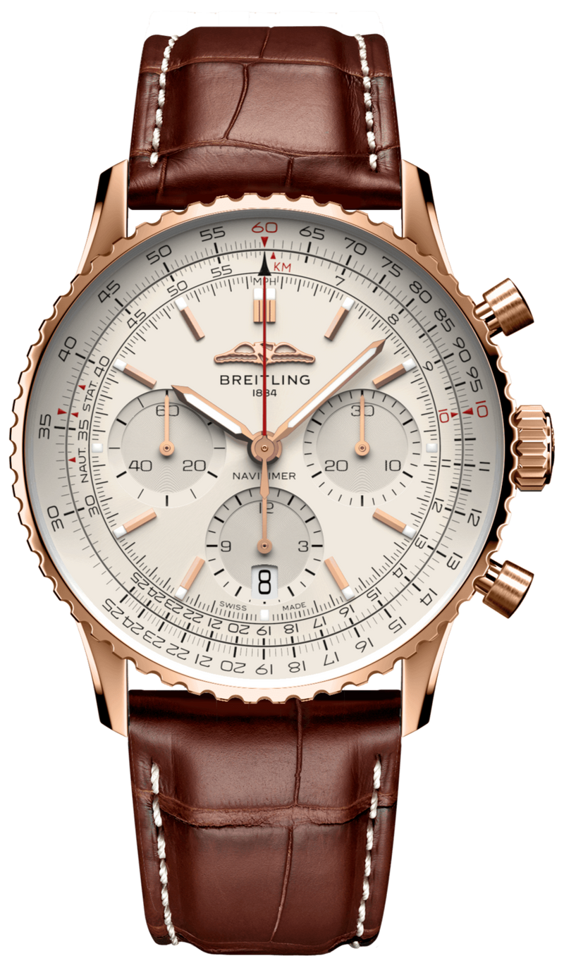 Shop Breitling Navitimer B01 Chronograph 41 White Dial Brown Leather Strap Watch for Men - RB0139211G1P1 in USA