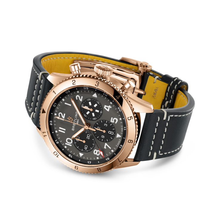 Breitling Super Avi B04 Chronograph GMT 46 P-51 Mustang Grey Dial Black Leather Strap Watch for Men - RB04451A1B1X1