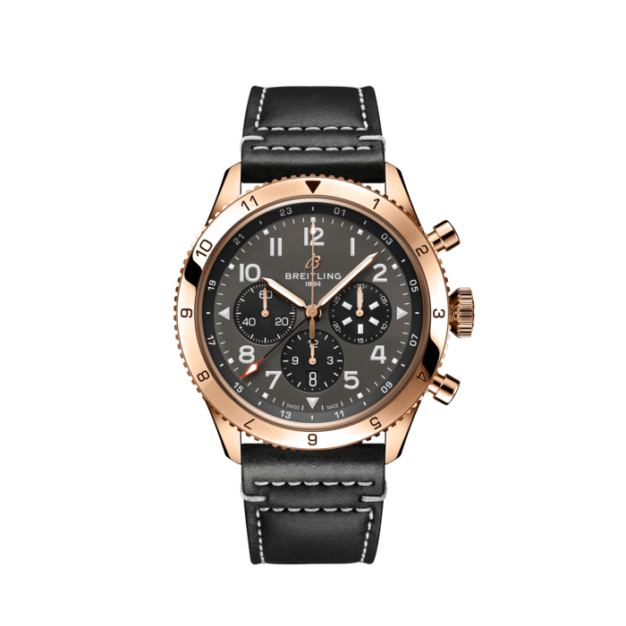 Breitling Super Avi B04 Chronograph GMT 46 P-51 Mustang Grey Dial Black Leather Strap Watch for Men - RB04451A1B1X1