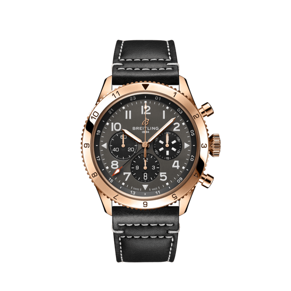 Breitling Super Avi B04 Chronograph GMT 46 P-51 Mustang Grey Dial Black Leather Strap Watch for Men - RB04451A1B1X1