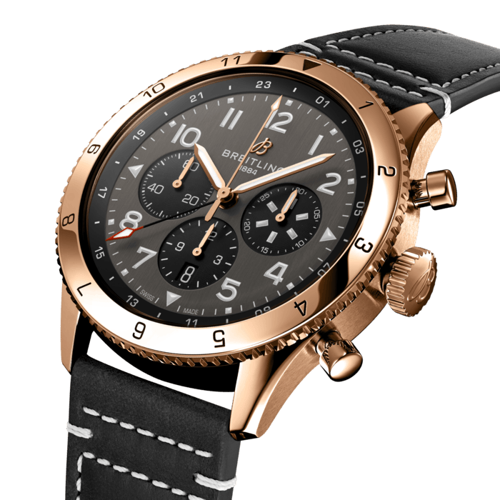 Breitling Super Avi B04 Chronograph GMT 46 P-51 Mustang Grey Dial Black Leather Strap Watch for Men - RB04451A1B1X1