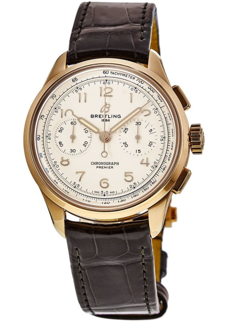 Breitling Premier B09 Chronograph 40 White Dial Brown Leather Strap Watch for Men - RB0930371G1P1