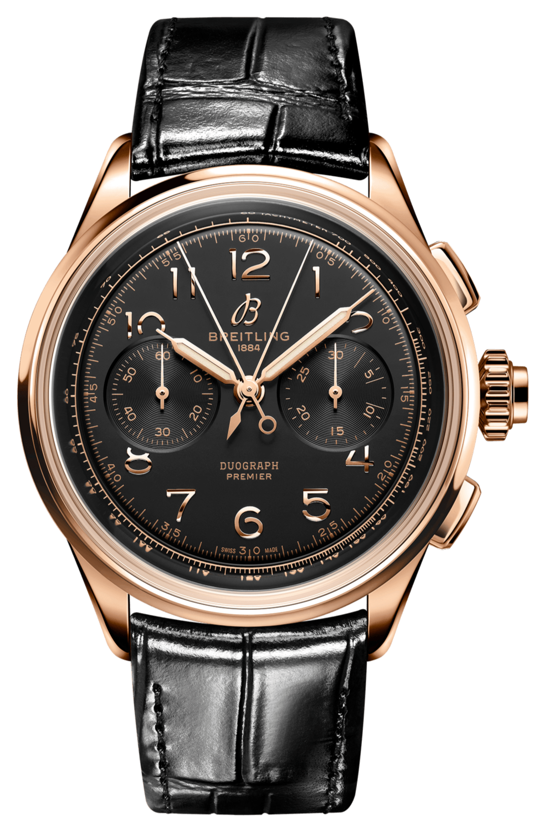 Breitling Premier B15 Datora 42 Black Dial Black Leather Strap Watch for Men - RB1510251B1P1