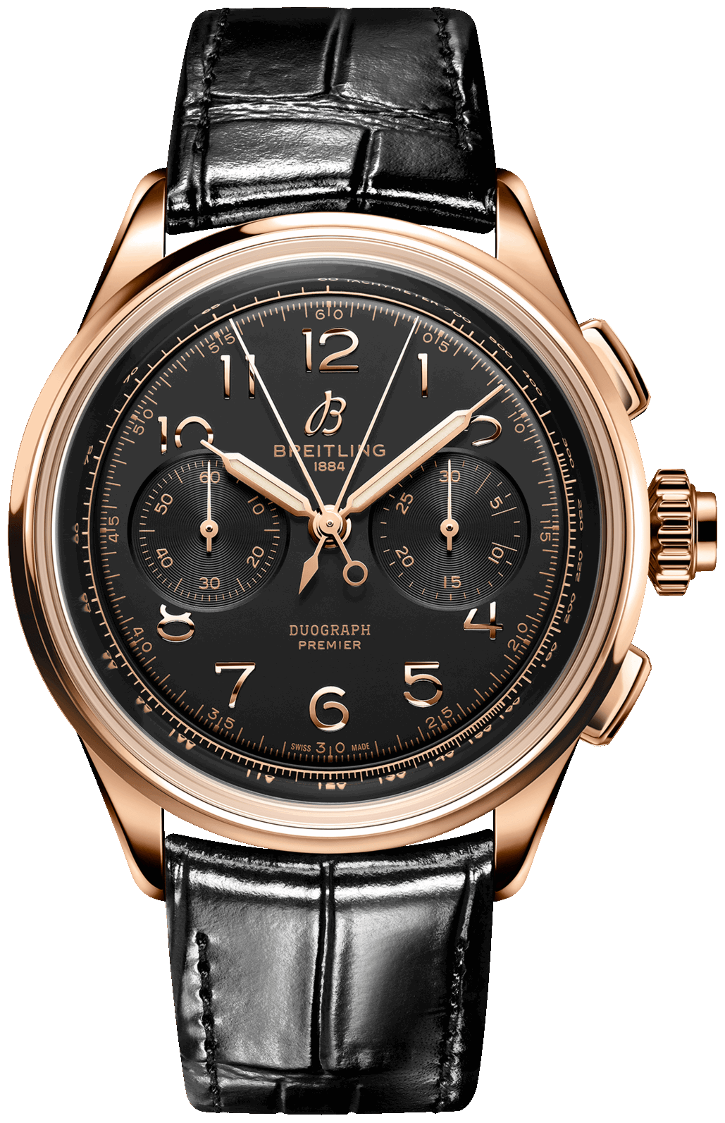 Breitling Premier B15 Datora 42 Black Dial Black Leather Strap Watch for Men - RB1510251B1P1