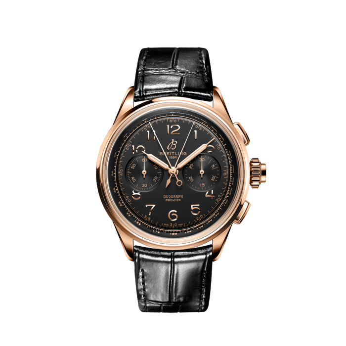 Breitling Premier B15 Datora 42 Black Dial Black Leather Strap Watch for Men - RB1510251B1P1