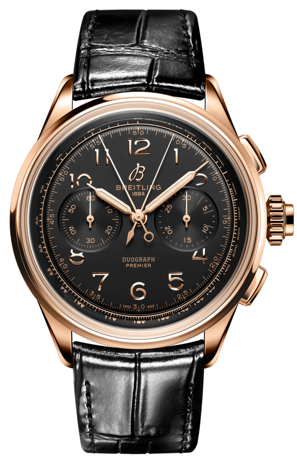 Breitling Premier B15 Datora 42 Black Dial Black Leather Strap Watch for Men - RB1510251B1P1
