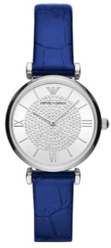 Emporio Armani Gianni T Bar Quartz Crystals Silver Dial Blue Leather Strap Watch For Women - AR11344 Buy Now By Emporio Armani