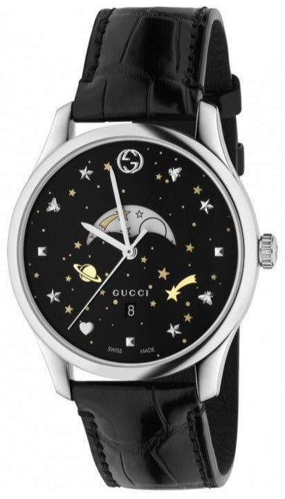 Shop Gucci G-Timeless Moonphase Black Dial Black Leather Strap Watch For Men - YA126327 in USA
