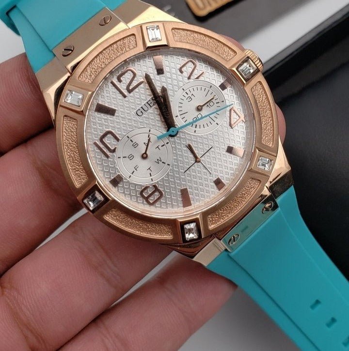 Guess Jet Setter White Dial Turquoise Silicone Strap Watch For Women - W0564L3 Buy Now By Guess