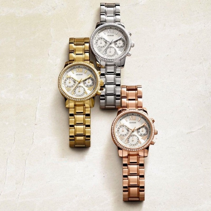 Guess Mini Surprise Analog Silver Dial Rose Gold Steel Strap Watch For Women - W0623L2 Buy Now By Guess