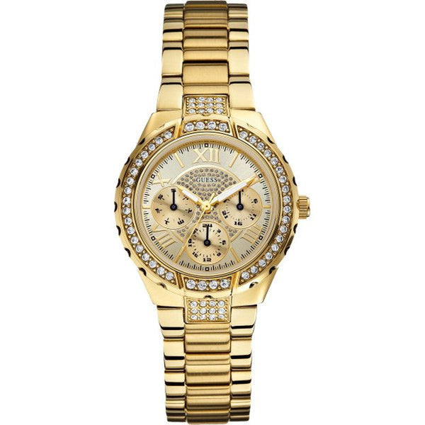 Shop Guess Viva Diamonds Gold Dial Gold Steel Strap Watch for Women - W0111L2 in USA