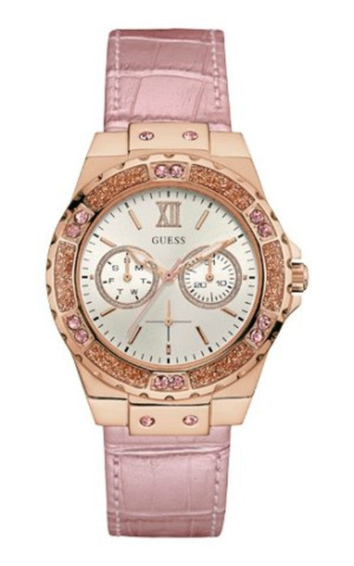 Shop Guess Limelight Quartz Analog White Dial Pink Leather Strap Watch For Women - W0775l3 in USA