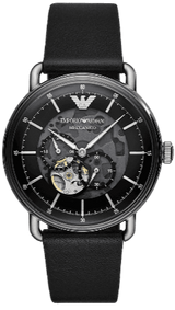 Emporio Armani Meccanico Skeleton Black Dial Black Leather Strap Watch For Men - AR60026 Buy Now By Emporio Armani