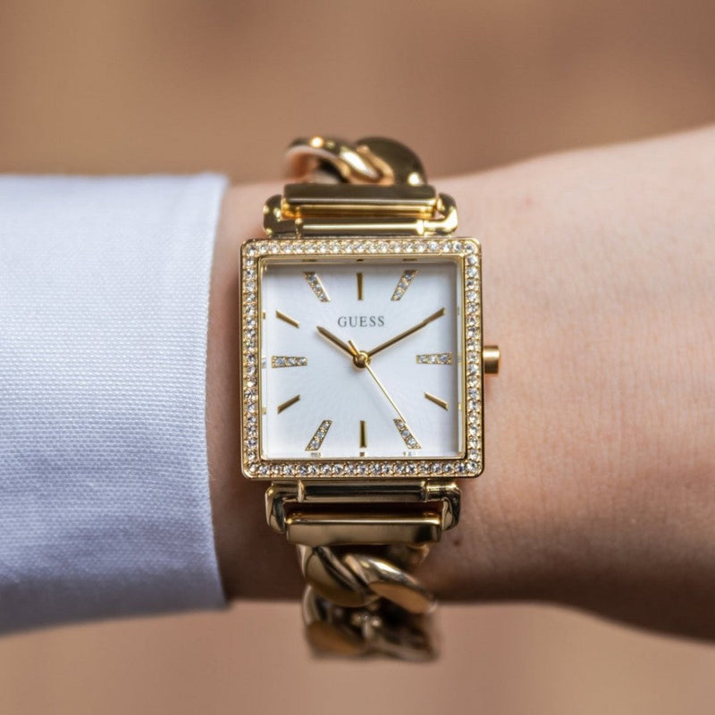 Shop Guess Vanity Diamonds Silver Dial Gold Steel Strap Watch for Women - W1030L2 in USA
