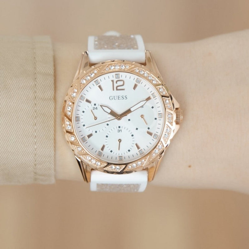 Guess Swirl Quartz Silver Dial White Rubber Strap Watch For Women - W1096l2 Buy Now By Guess